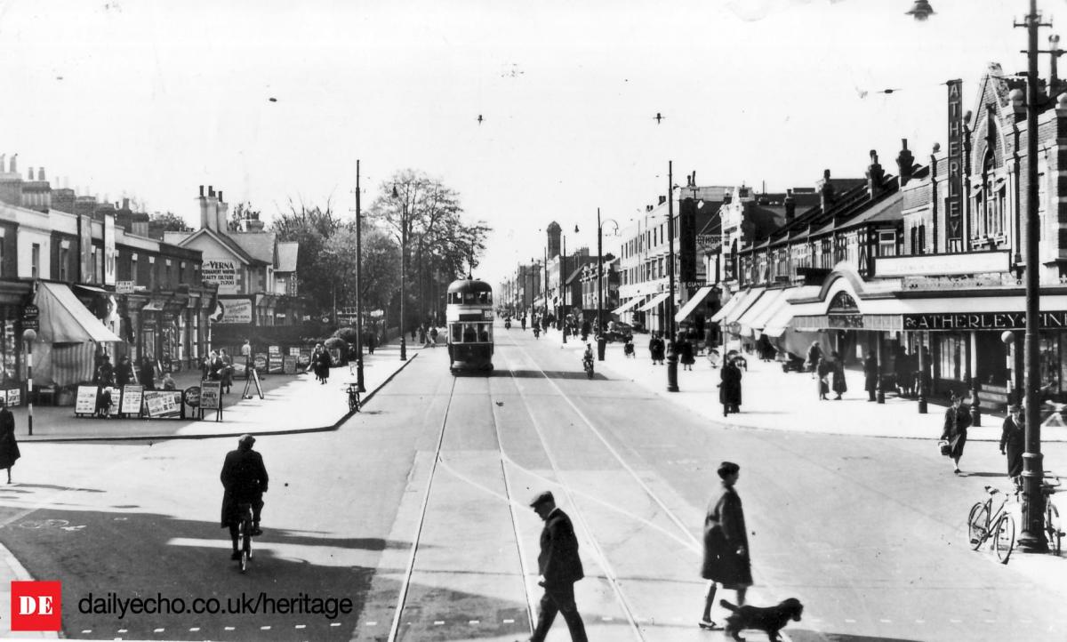 Shirley Road pictured in more sedate times when crossing the road wasn’t so hazardous, as just a single tram makes it way along the street. The old Atherley Cinema can also been seen in this picture taken 1937