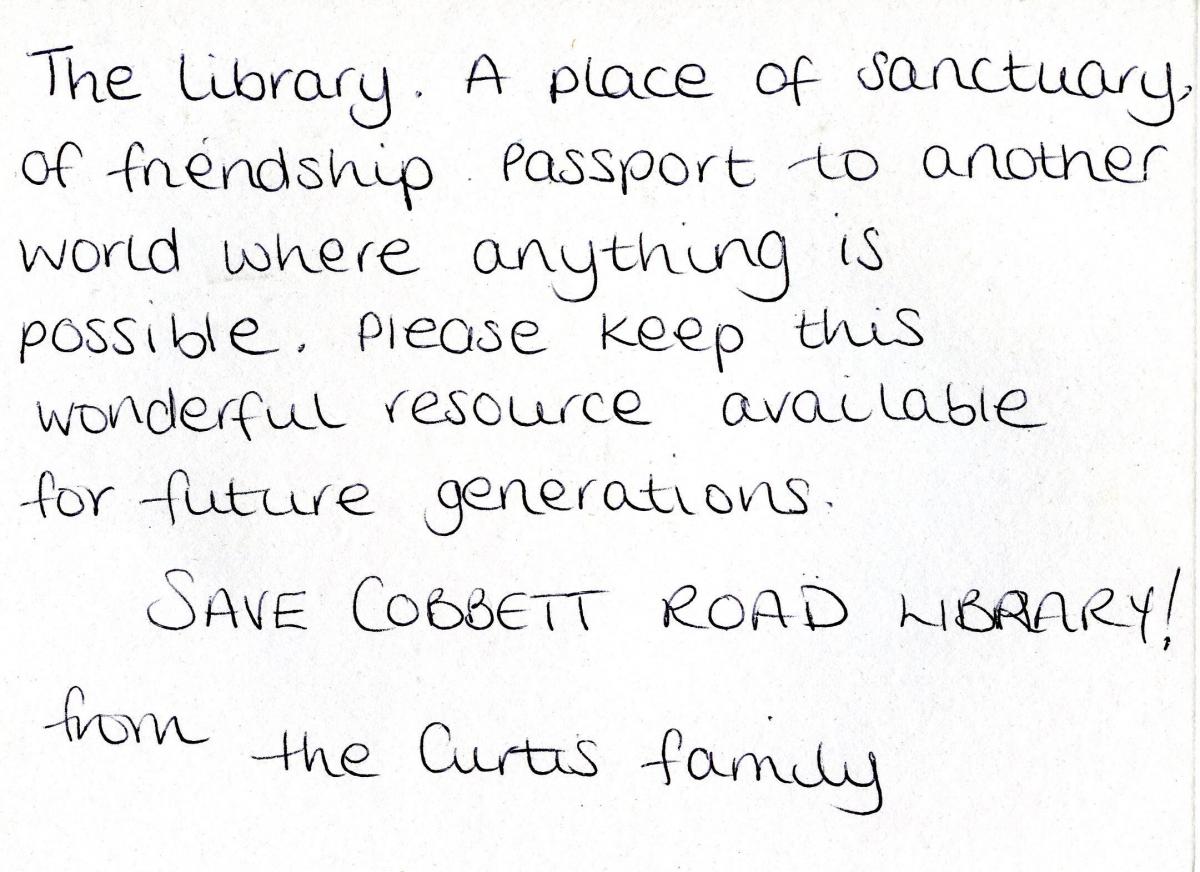 Cobbett Road Library closure objections.