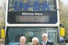 HONOURED: Millvina Dean in front of the bus bearing her name. On her left is Uni-link manager George Fair and on her right, Bruno Mordnanis. Echo picture by Stuart Martin. Order no: rad7cd55