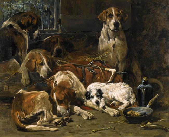 New Forest Buckhounds and a Terrier in their Lodges after the Hunt
