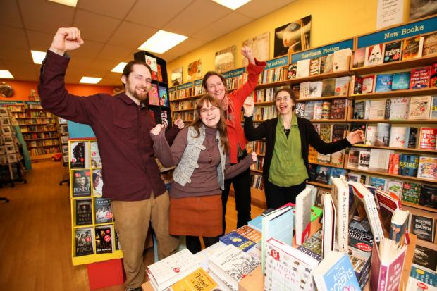 Photo Stuart Martin - Celebrations at October Books in Portswood after the store raised £2,500 through crowd funding to keep the store running (l-r) Joey Jones, Jess Haynes, Clare Diaper and Jaquie Daniels. 2017 file photo.
