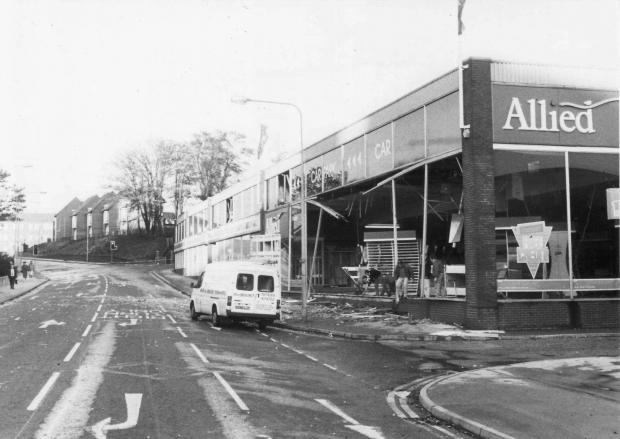 Daily Echo: Heritage. 1987 Hurricane. Smashed windows in Commercial Rd., Southampton
